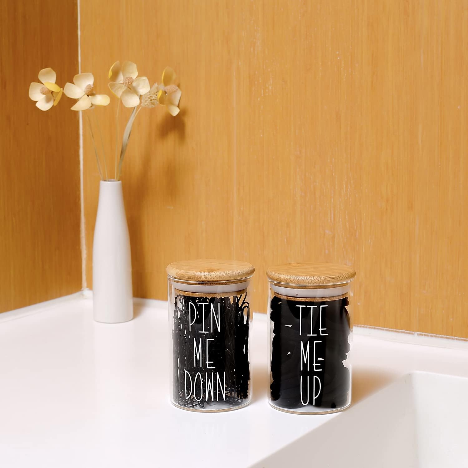 Apothecary Jars with Lids for Bathroom Storage Organizer, Hair Tie Organizer & Bobby Pin Holder Are Great for Bamboo Bathroom Accessories. (Hair Ties & Pins)