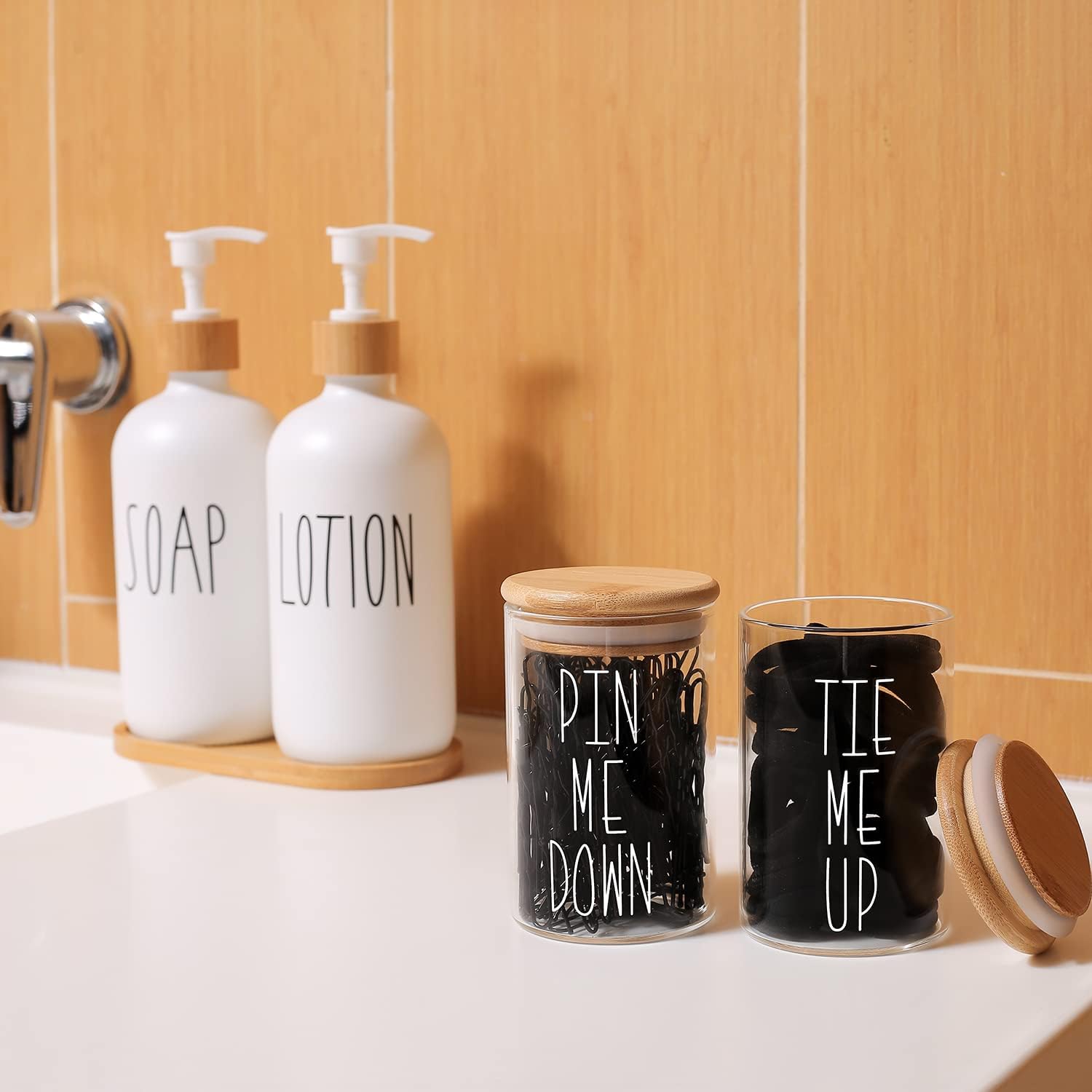 Apothecary Jars with Lids for Bathroom Storage Organizer, Hair Tie Organizer & Bobby Pin Holder Are Great for Bamboo Bathroom Accessories. (Hair Ties & Pins)