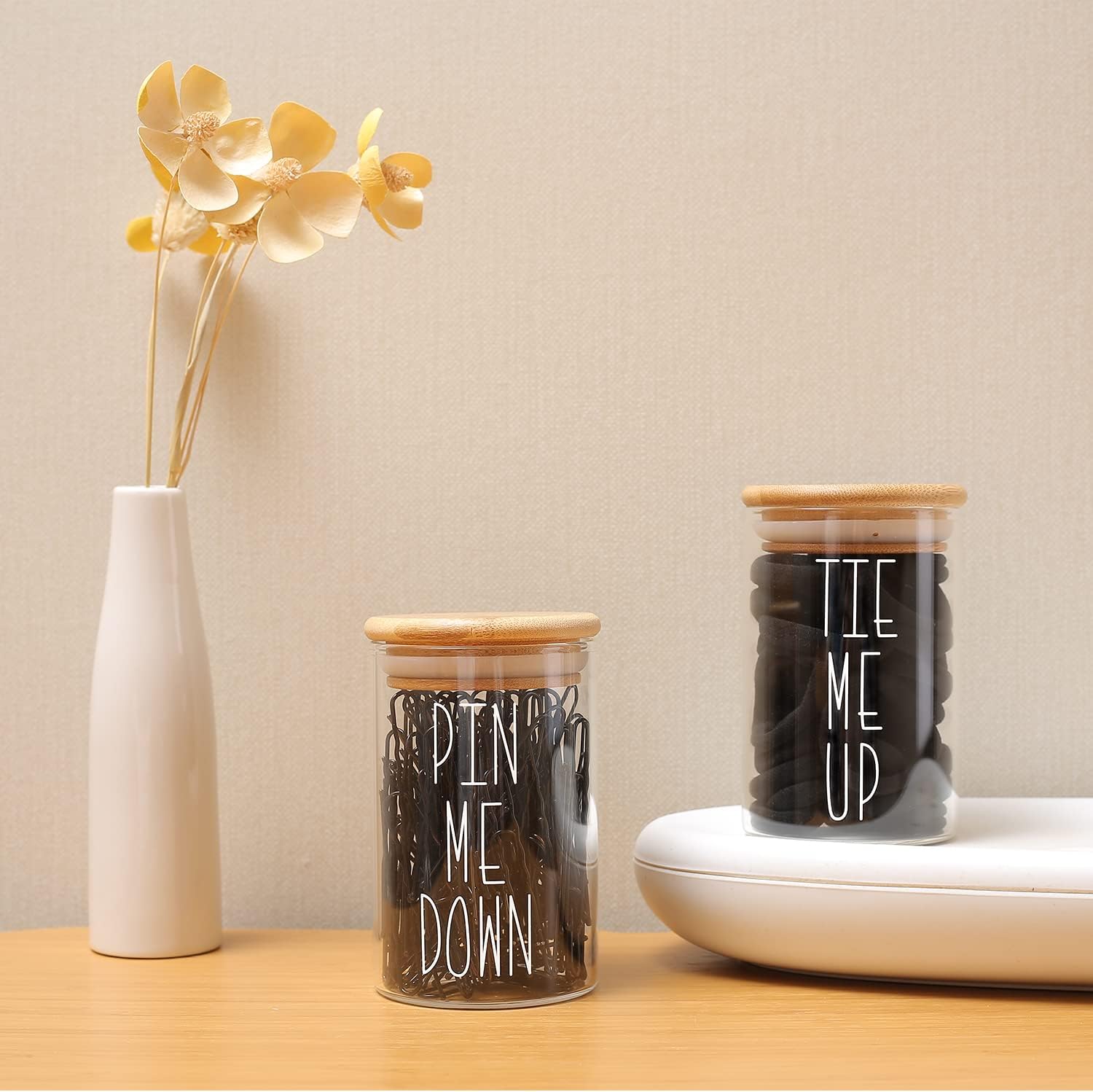 Apothecary Jars with Lids for Bathroom Storage Organizer, Hair Tie Organizer & Bobby Pin Holder Are Great for Bamboo Bathroom Accessories. (Hair Ties & Pins)
