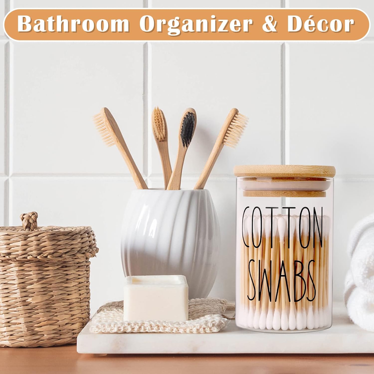 4 Pack Qtip Holder with Lid Set, 10Oz Clear Glass Canister Apothecary Jars Bathroom Organizers and Storage Accessories Vanity Essential Containers for Cotton Swab, Cotton Ball, Cotton Pads, Floss Pick