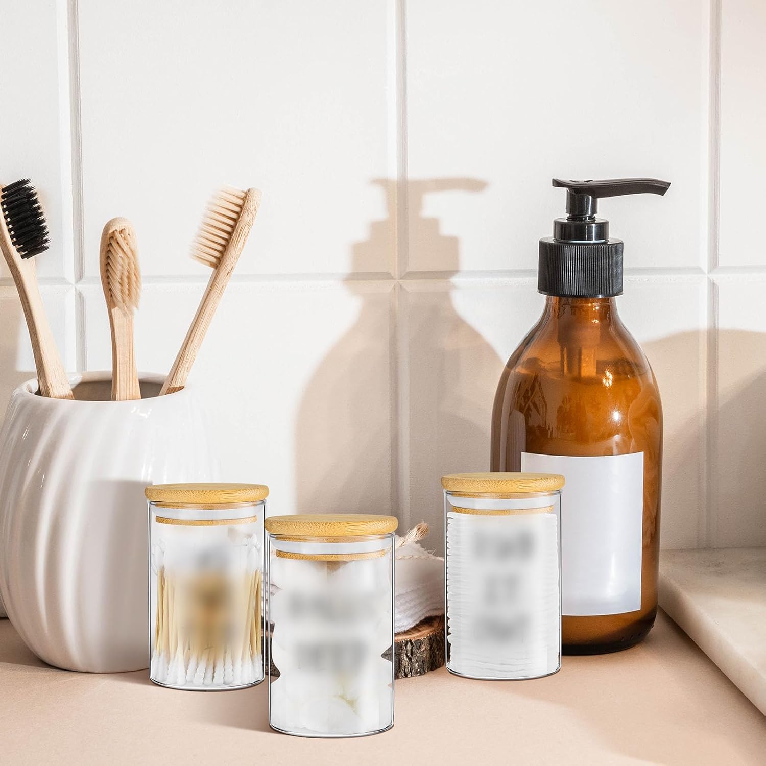 6 Pcs Apothecary Jars Glass Jars with Lids for Bathroom Qtip Holder Glass Cotton Ball Holder for Home Bathroom Farmhouse Storage Containers Makeup Organizer Decoration