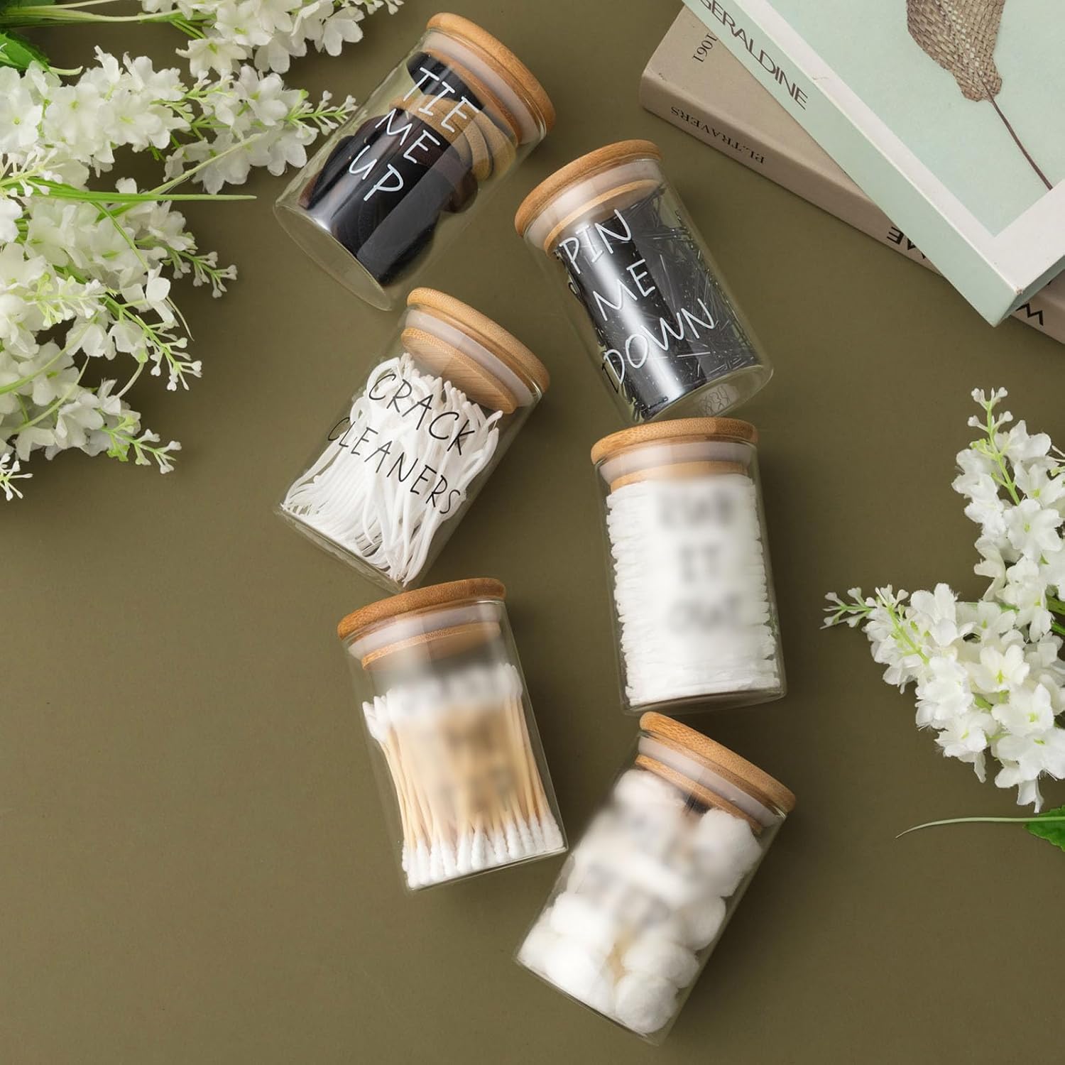 6 Pcs Apothecary Jars Glass Jars with Lids for Bathroom Qtip Holder Glass Cotton Ball Holder for Home Bathroom Farmhouse Storage Containers Makeup Organizer Decoration