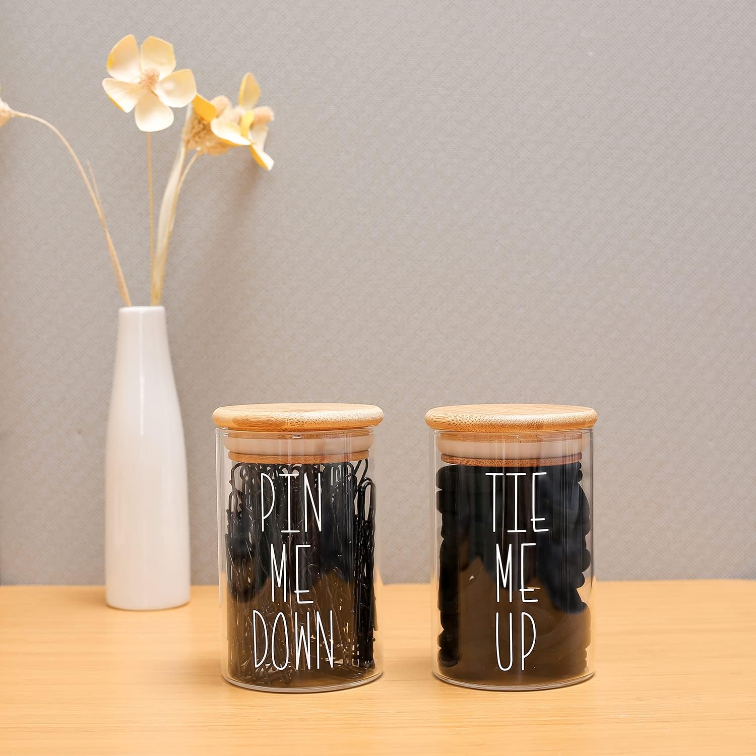 Apothecary Jars with Lids for Bathroom Storage Organizer, Hair Tie Organizer & Bobby Pin Holder Are Great for Bamboo Bathroom Accessories. (Hair Ties & Pins)