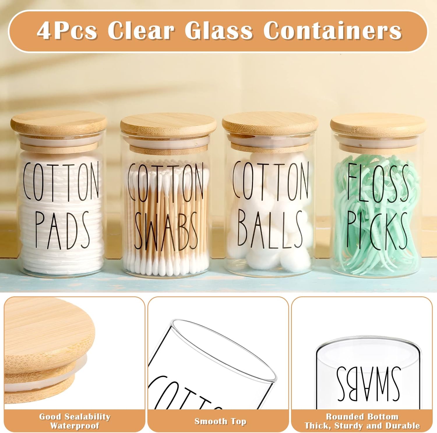 4 Pack Qtip Holder with Lid Set, 10Oz Clear Glass Canister Apothecary Jars Bathroom Organizers and Storage Accessories Vanity Essential Containers for Cotton Swab, Cotton Ball, Cotton Pads, Floss Pick
