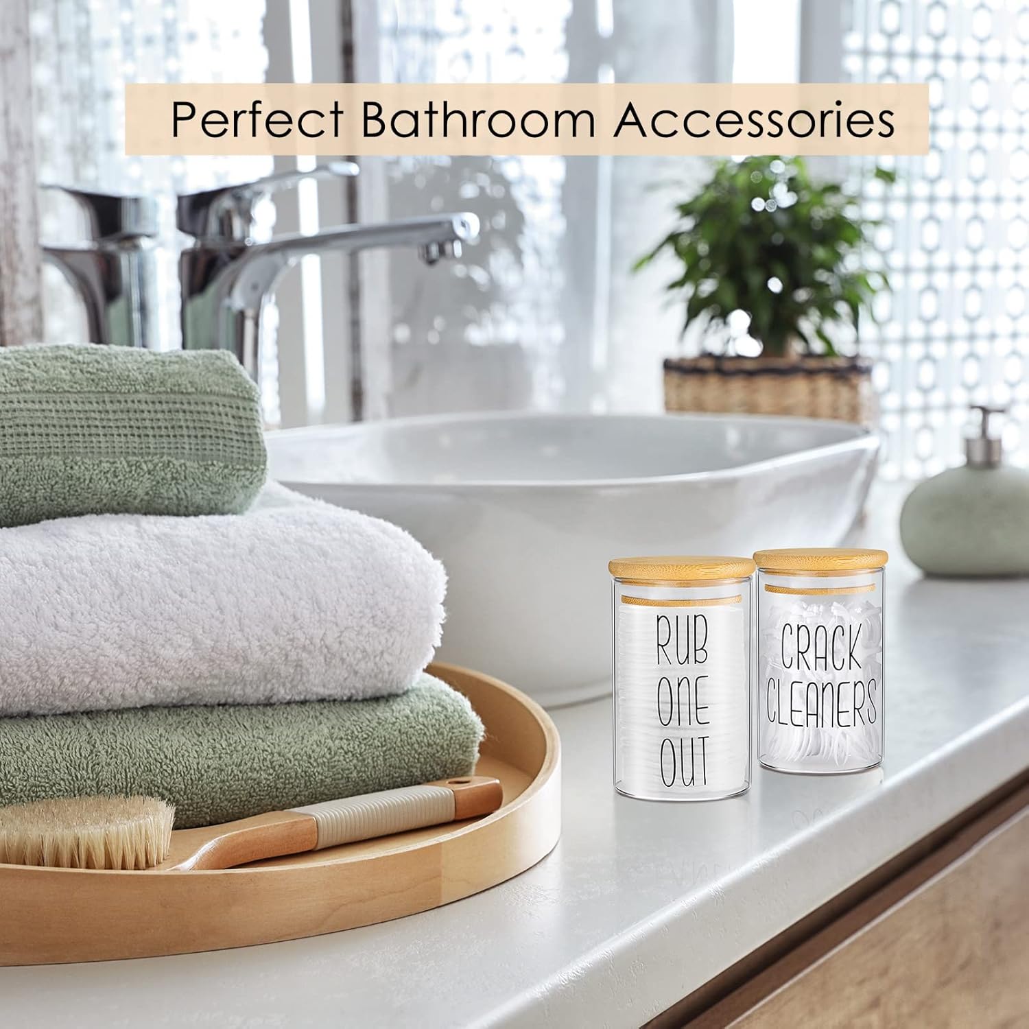 8 Pcs Cotton Swab Holder Dispenser Glass Apothecary Jars with Bamboo Lids 10Oz Clear Glass Canister Cotton Ball Holder for round Swab Pad Floss Pick Hair Ties Bathroom Storage Organization