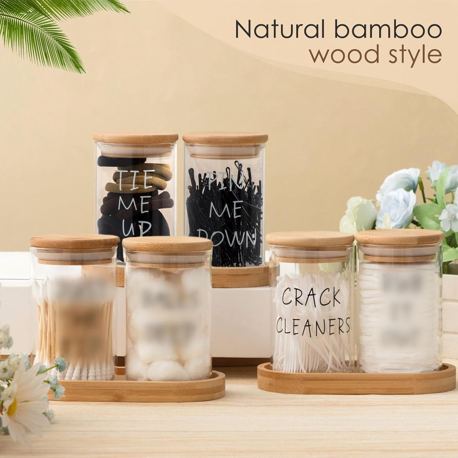 6 Pcs Apothecary Jars Glass Jars with Lids for Bathroom Qtip Holder Glass Cotton Ball Holder for Home Bathroom Farmhouse Storage Containers Makeup Organizer Decoration