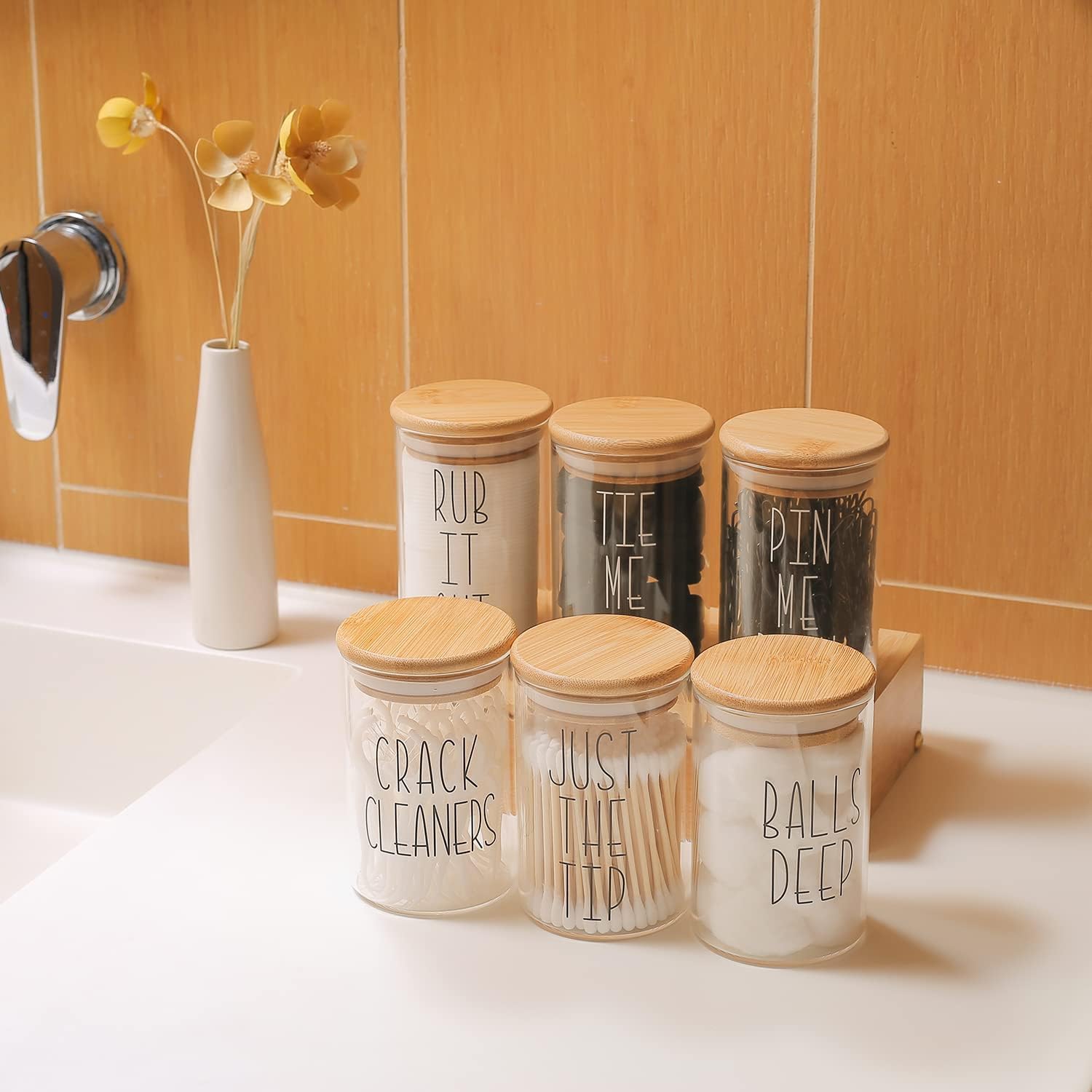 Apothecary Jars with Lids for Bathroom Storage Organizer, Hair Tie Organizer & Bobby Pin Holder Are Great for Bamboo Bathroom Accessories. (Hair Ties & Pins)