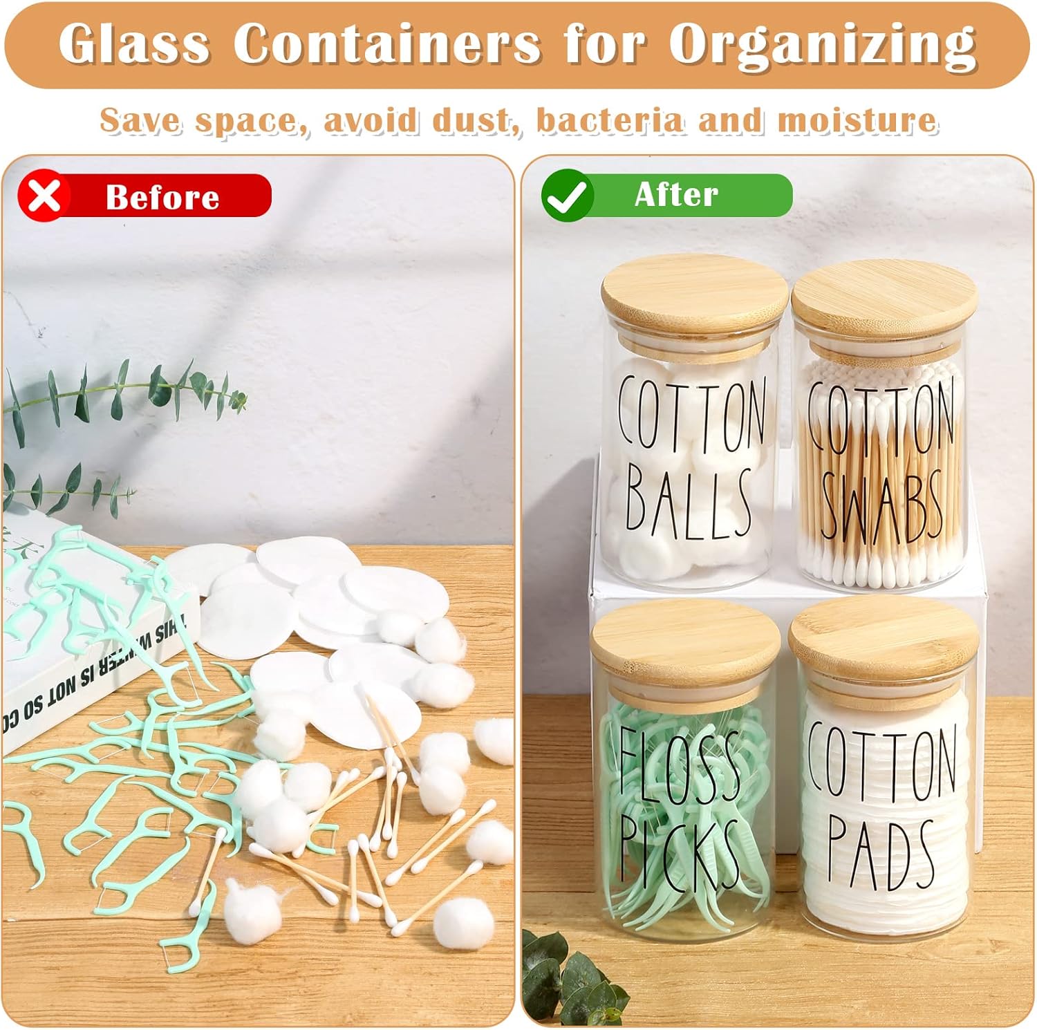 4 Pack Qtip Holder with Lid Set, 10Oz Clear Glass Canister Apothecary Jars Bathroom Organizers and Storage Accessories Vanity Essential Containers for Cotton Swab, Cotton Ball, Cotton Pads, Floss Pick