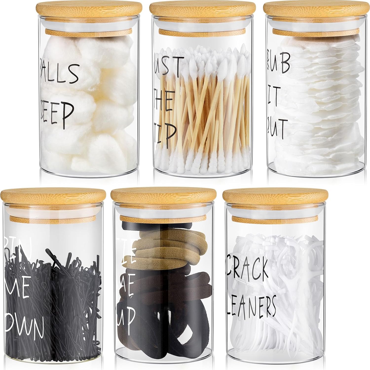 6 Pcs Apothecary Jars Glass Jars with Lids for Bathroom Qtip Holder Glass Cotton Ball Holder for Home Bathroom Farmhouse Storage Containers Makeup Organizer Decoration