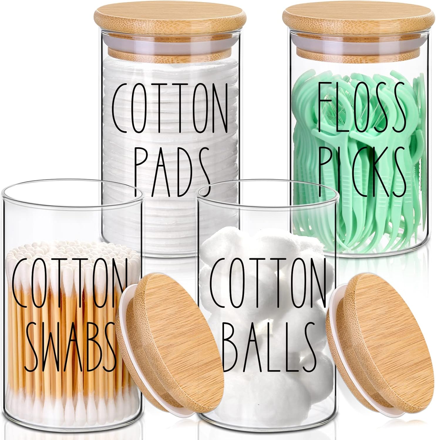 4 Pack Qtip Holder with Lid Set, 10Oz Clear Glass Canister Apothecary Jars Bathroom Organizers and Storage Accessories Vanity Essential Containers for Cotton Swab, Cotton Ball, Cotton Pads, Floss Pick