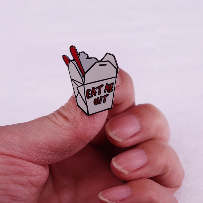 Funny Eat Me Out Takeout Box Enamel Pin