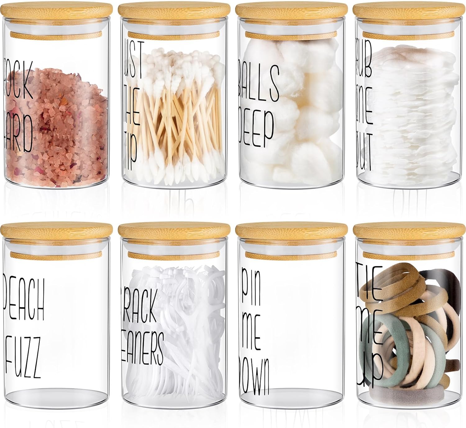 8 Pcs Cotton Swab Holder Dispenser Glass Apothecary Jars with Bamboo Lids 10Oz Clear Glass Canister Cotton Ball Holder for round Swab Pad Floss Pick Hair Ties Bathroom Storage Organization