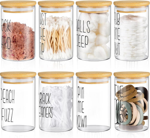8 Pcs Cotton Swab Holder Dispenser Glass Apothecary Jars with Bamboo Lids 10Oz Clear Glass Canister Cotton Ball Holder for round Swab Pad Floss Pick Hair Ties Bathroom Storage Organization
