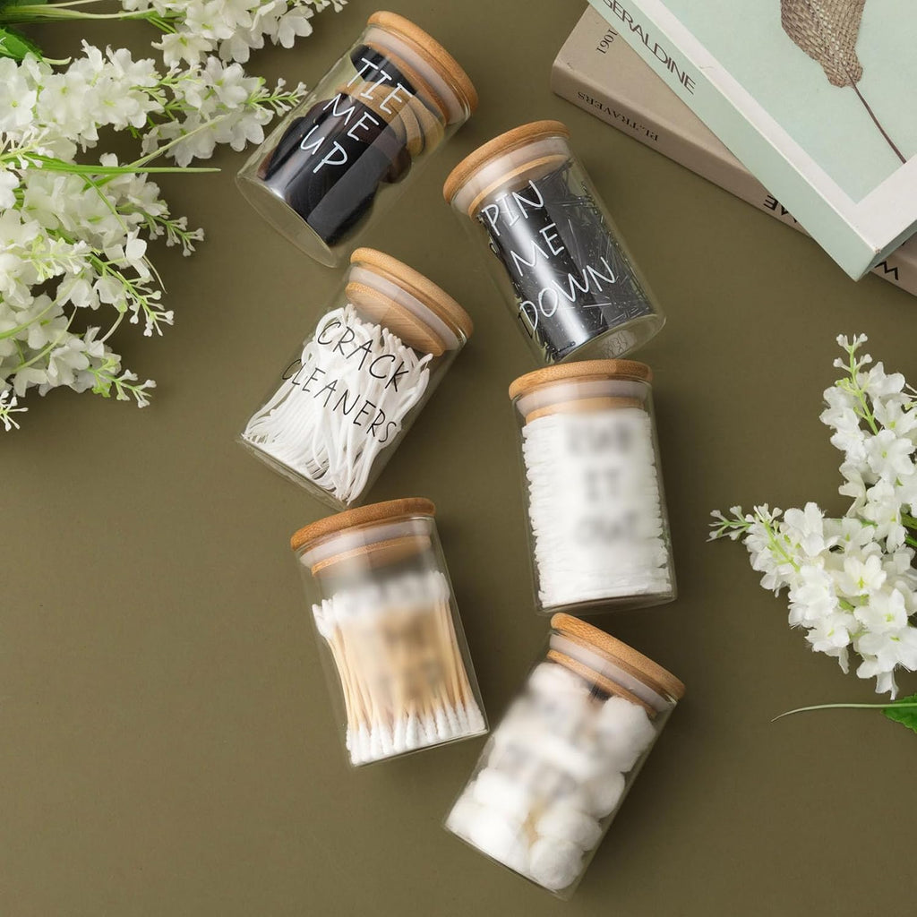 6 Pcs Apothecary Jars Glass Jars with Lids for Bathroom Qtip Holder Glass Cotton Ball Holder for Home Bathroom Farmhouse Storage Containers Makeup Organizer Decoration